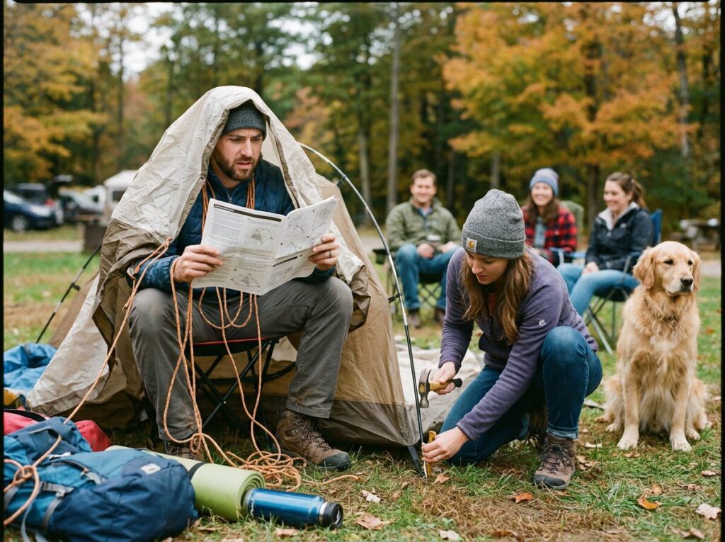 テント設営をしている初心者のイメージ
