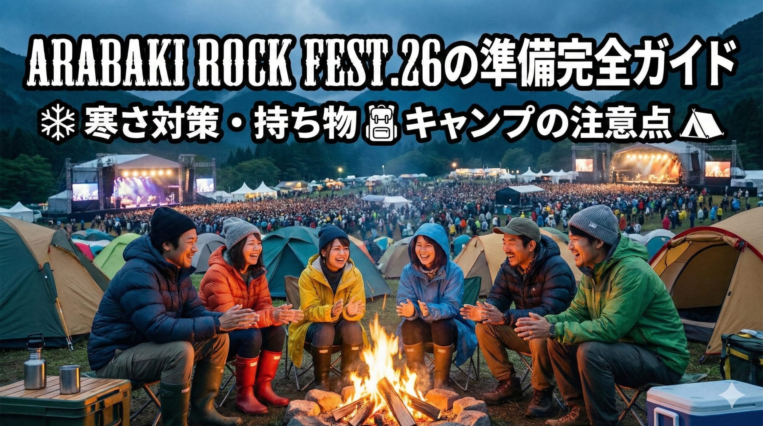 ARABAKI ROCK FEST.26の寒さ対策に必要な防寒アイテム一式（ダウンジャケット、フリース、ニット帽、手袋）