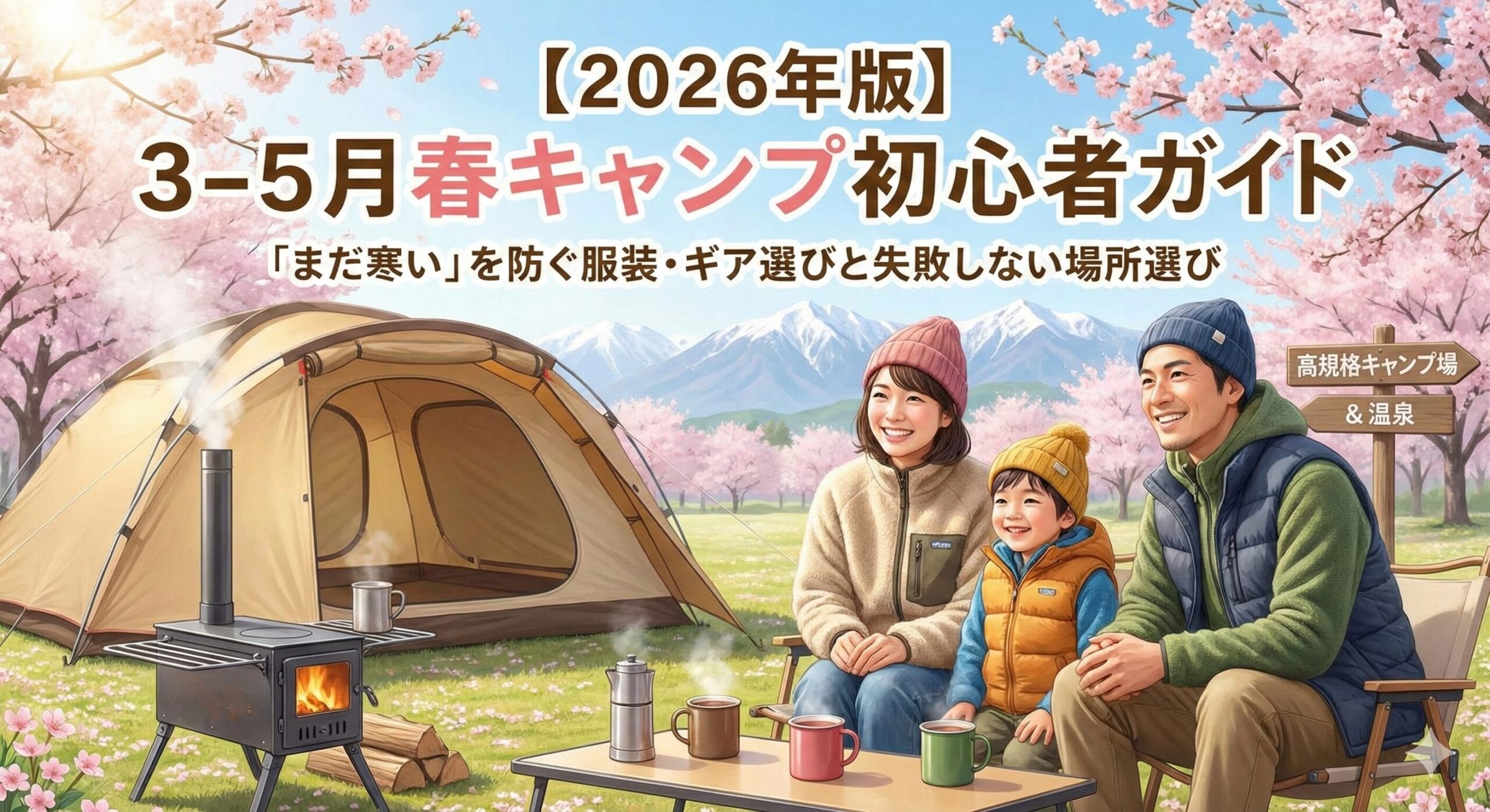 3月〜5月の春キャンプで寒さ対策をする初心者向け服装とキャンプギアのイメージ