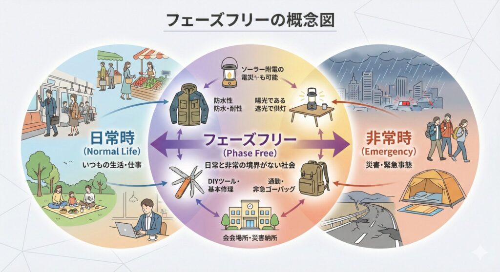 alt="フェーズフリー防災グッズのイメージ。日常使いできるランタンや電源など隠さない防災アイテム"