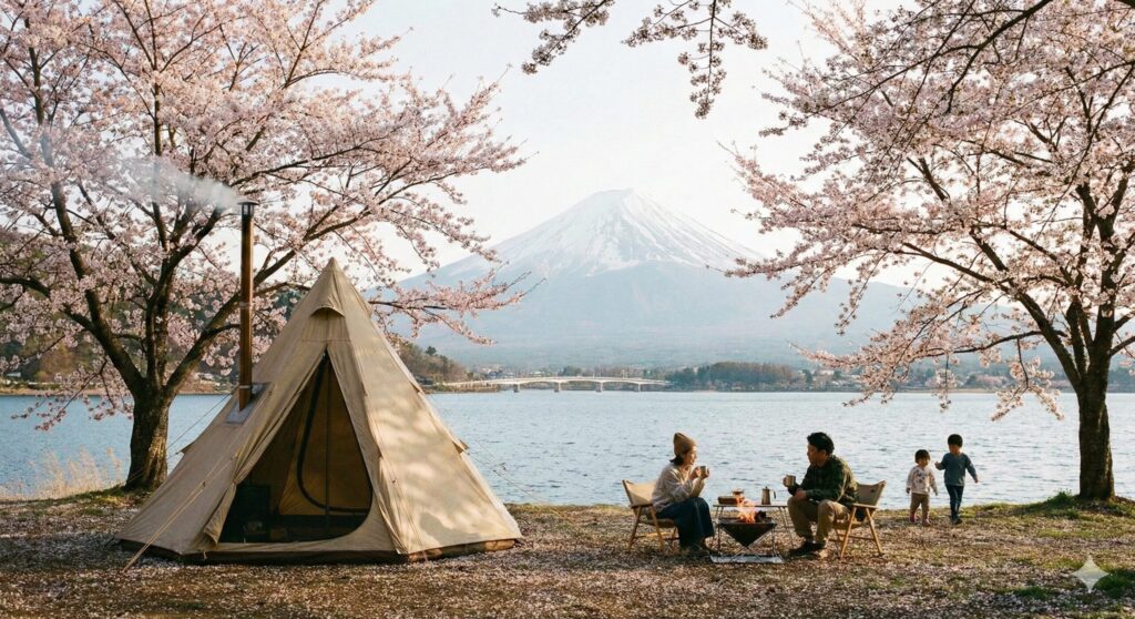 alt="桜が咲く春のキャンプ場に設営されたテントの風景。花粉や黄砂対策をしながら春キャンプを楽しむ様子"