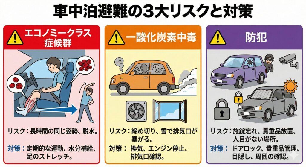 alt="車中泊避難の3大リスク(エコノミークラス症候群・一酸化炭素中毒・防犯)を示す解説イメージ"
