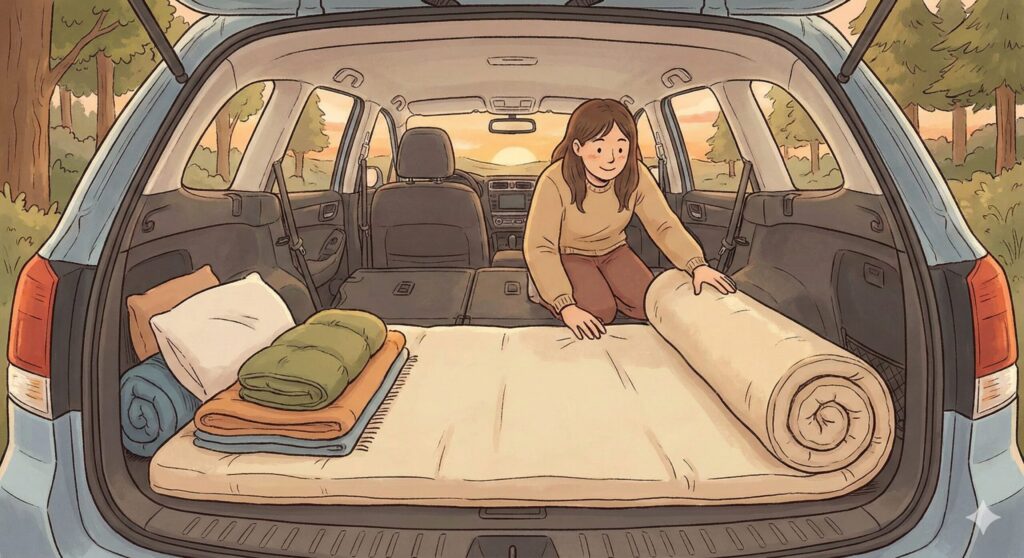 alt="車中泊避難でフラットに眠るためのインフレーターマット(エアマット)のイメージ。段差を減らし血栓リスクを下げる"