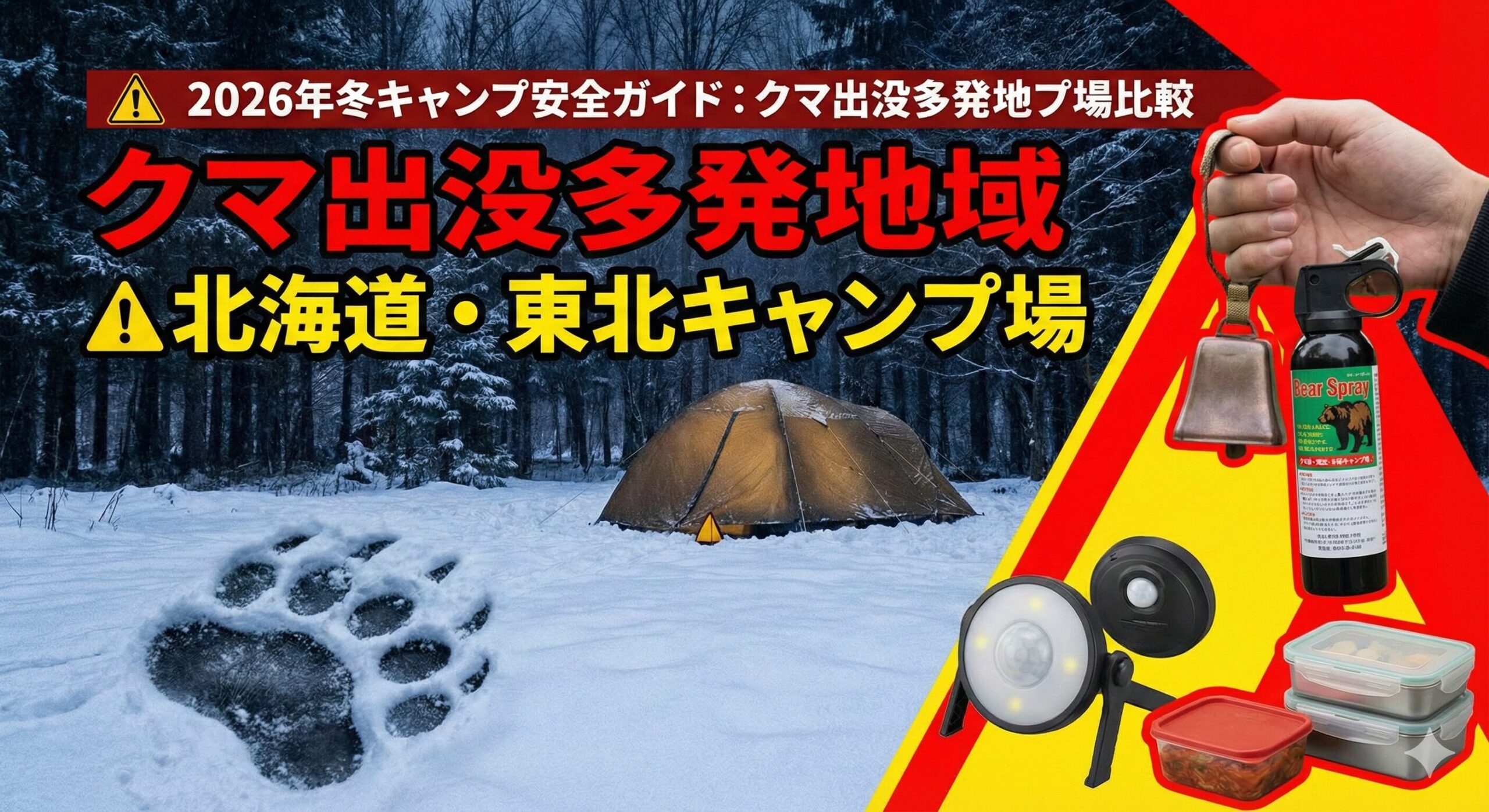 2026年冬キャンプのクマ対策ガイド用アイキャッチ画像。雪上のクマの足跡と、クマ鈴、ベアスプレー、センサーライトなどの対策グッズ、そして雪中キャンプの風景。