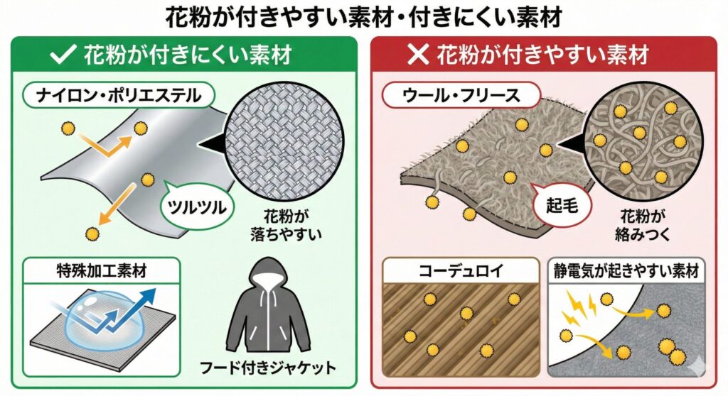 alt="花粉が付きやすい素材と付きにくい素材の比較図。ウールやフリースとナイロン・ポリエステルの違い"