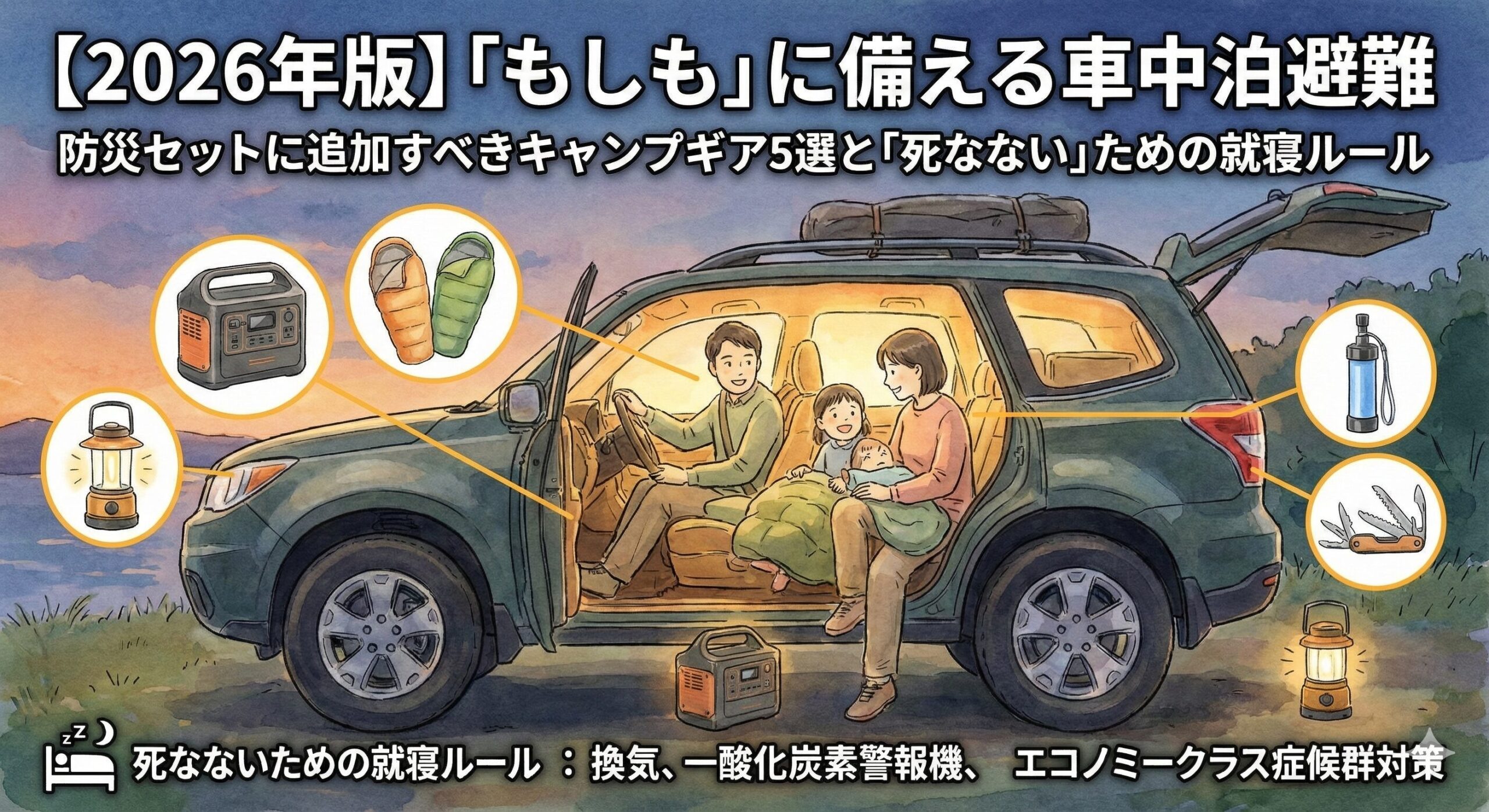 alt="災害時の車中泊避難を解説するアイキャッチ画像。車内で安全に眠るための準備と防災キャンプギアのイメージ"