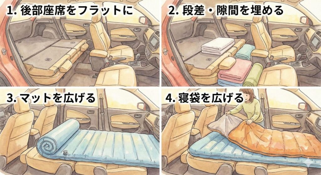 alt="車内で就寝スペースを作る手順のイメージ。座席を倒し段差を埋めてマットと寝袋で水平に眠る"