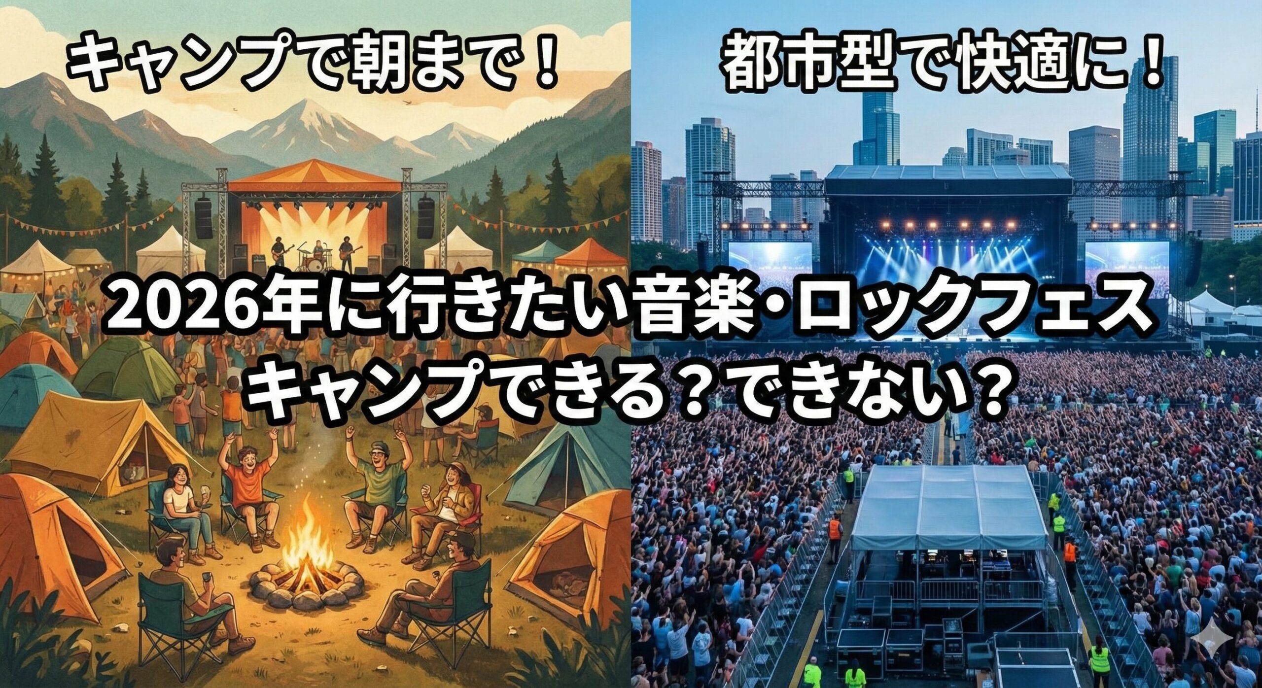 2026年の音楽・ロックフェスでキャンプ泊と日帰りのどちらを選ぶべきかを解説するアイキャッチ画像