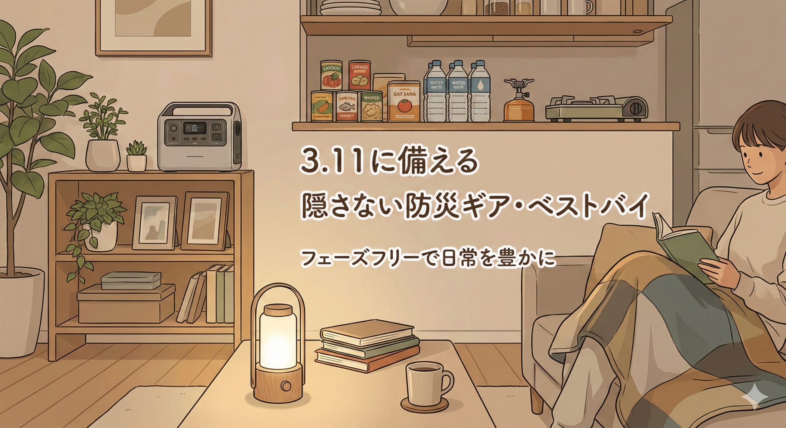 alt="フェーズフリー防災グッズ特集のアイキャッチ。日常使いできるランタンやポータブル電源など隠さない防災アイテム"