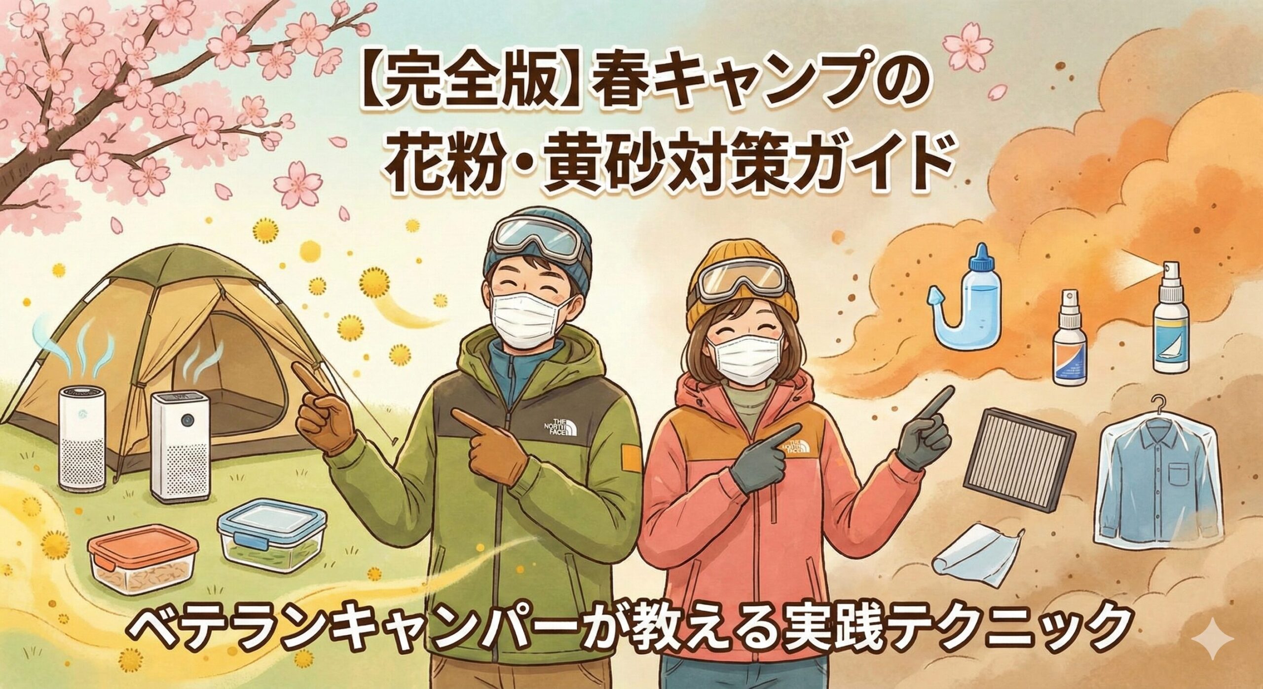 "春キャンプの花粉・黄砂対策を解説するアイキャッチ画像。桜の咲くキャンプ場に設営されたテントの風景"