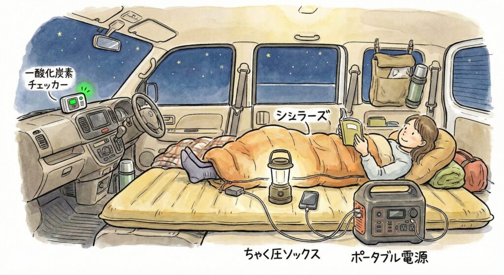 alt="車中泊避難で命を守るためのキャンプギア5選のイメージ。マット、寝袋、電源、着圧ソックス、COチェッカー"