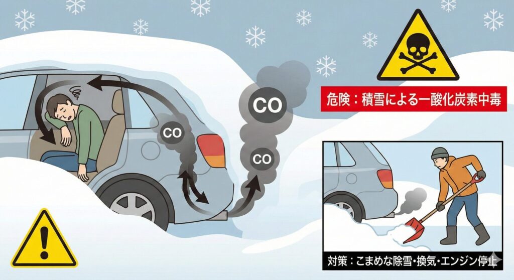 alt="車中泊避難で一酸化炭素中毒を防ぐための注意喚起イメージ。換気・エンジン停止・COチェッカーの重要性"