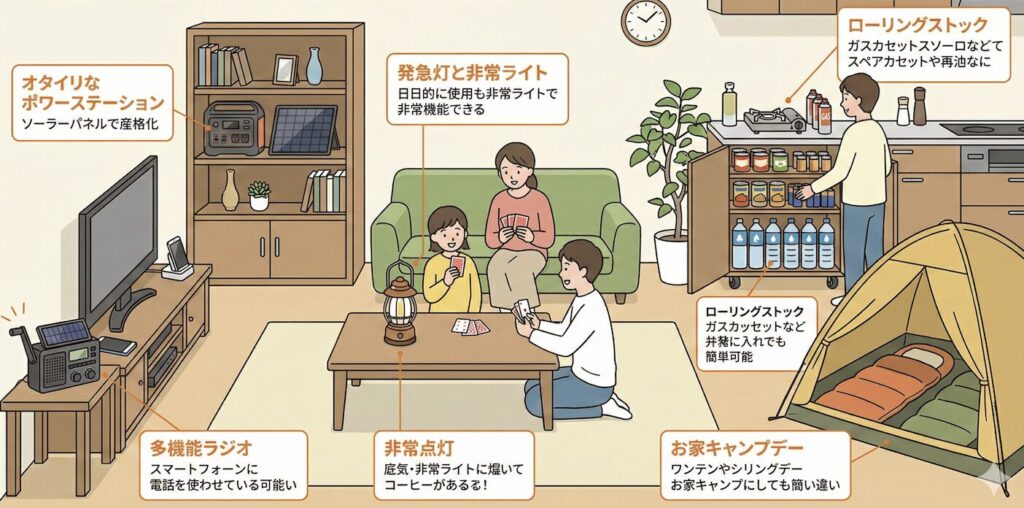 alt="日常に溶け込むフェーズフリー防災グッズと暮らしのイメージ"